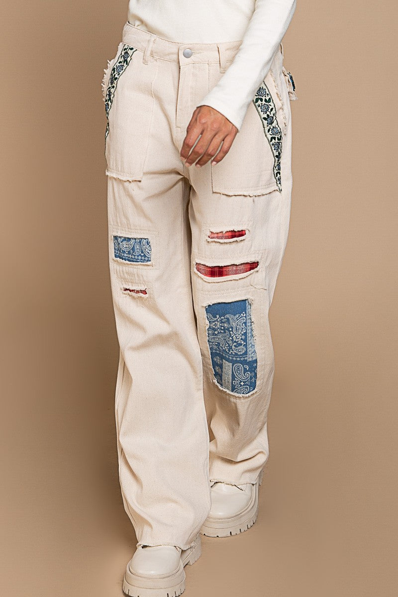 POL Oatmilk Straight Fit Embroidered Patch Detail Back Pocket Twill Pants - Roulhac Fashion Boutique