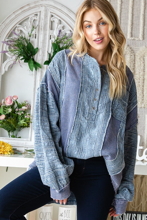 Oli & Hali Washed Fabric Mix Mandarin Collar Top