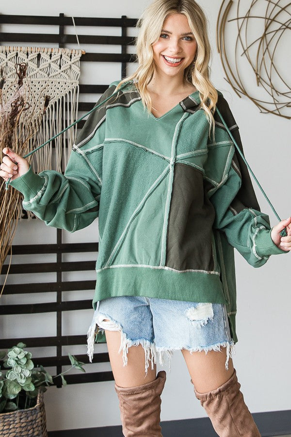 Oli & Hali Patchwork Soft Knit Contrast Hoodie Top