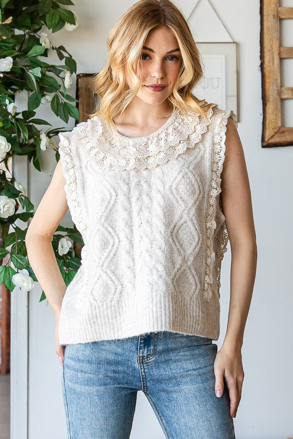 Oli & Hali Cable Knit Sweater Vest With Lace Trim Top