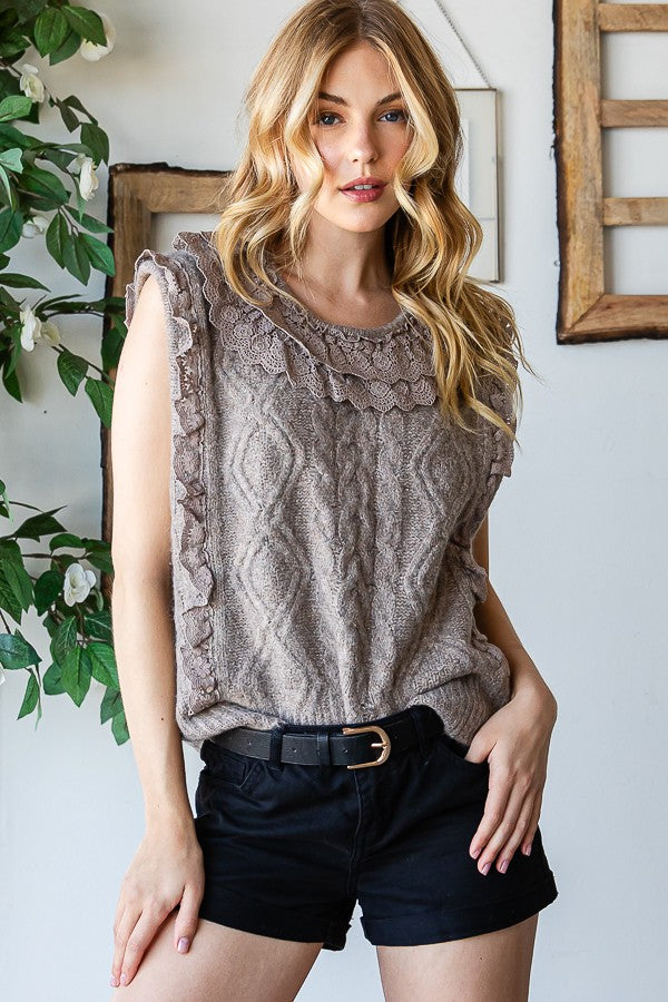 Oli & Hali Cable Knit Sweater Vest With Lace Trim Top