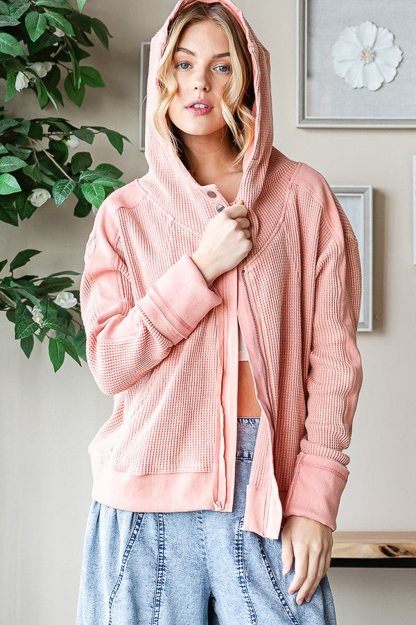 Oli & Hali Washed Waffle Zip Up Long Sleeve Jacket