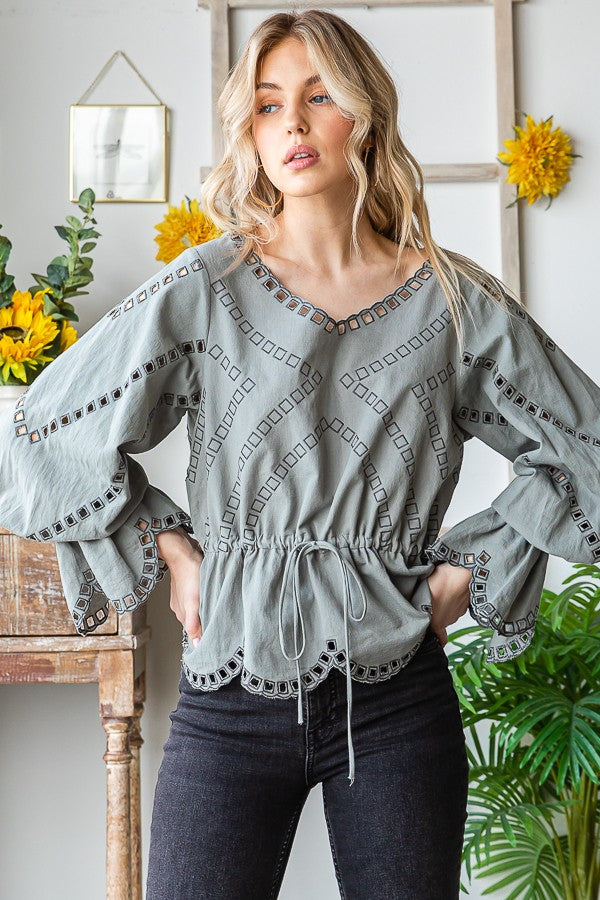 Oli & Hali Embroidered Washed Scallop Edge Top