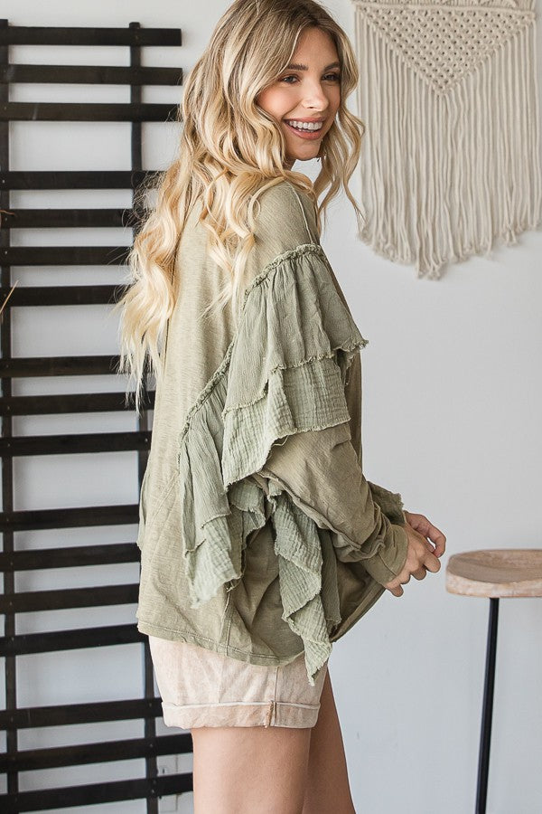 Oli & Hali Mineral Washed Ruffle Detail Sleeves Solid Top