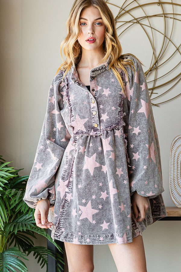 Oli & Hali Washed Star Print Corduroy Babydoll Top