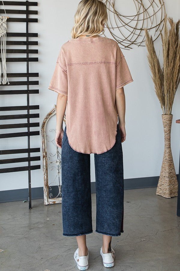 Oli & Hali Mineral Washed Thermal Knit V Neck Shirt Top