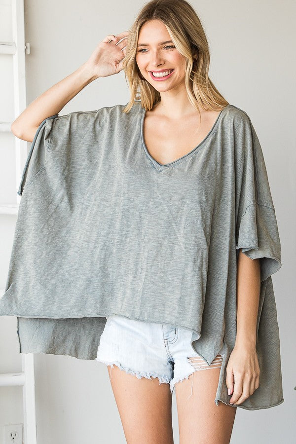 Oli & Hali Mineral Washed V Neck Boxy Raw Hem Tee Top