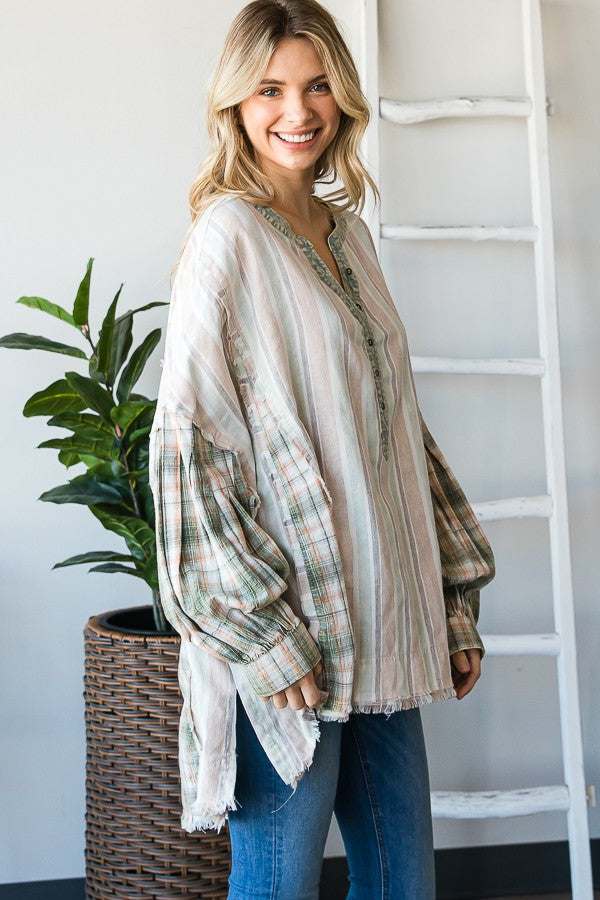 Oli & Hali Mineral Washed Fabric Mixed Henrey Top