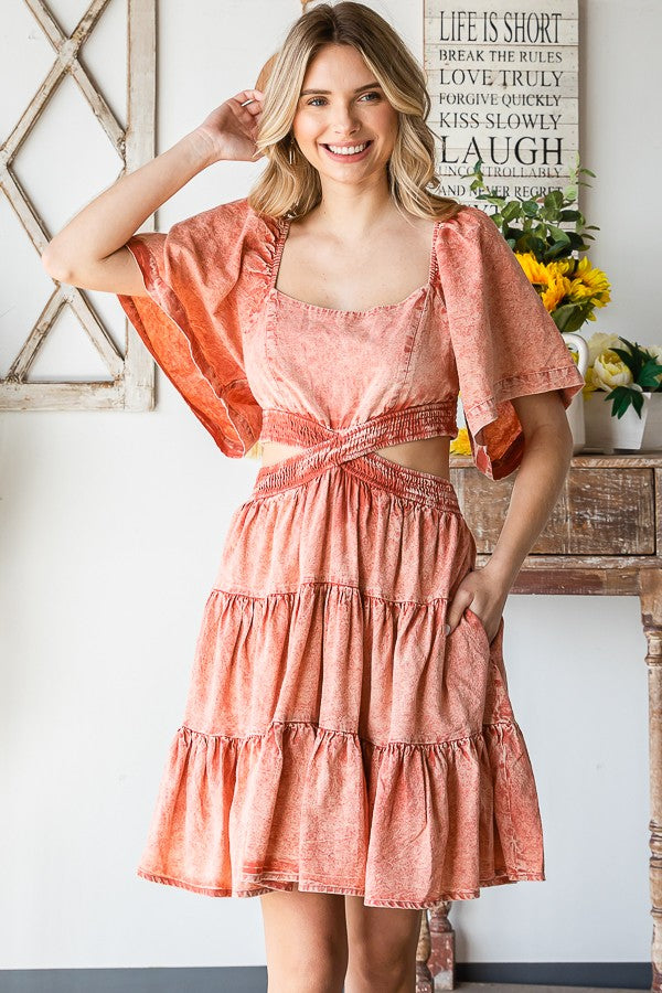 Oli & Hali Washed Cross Cut Out Tiered Mini Dress