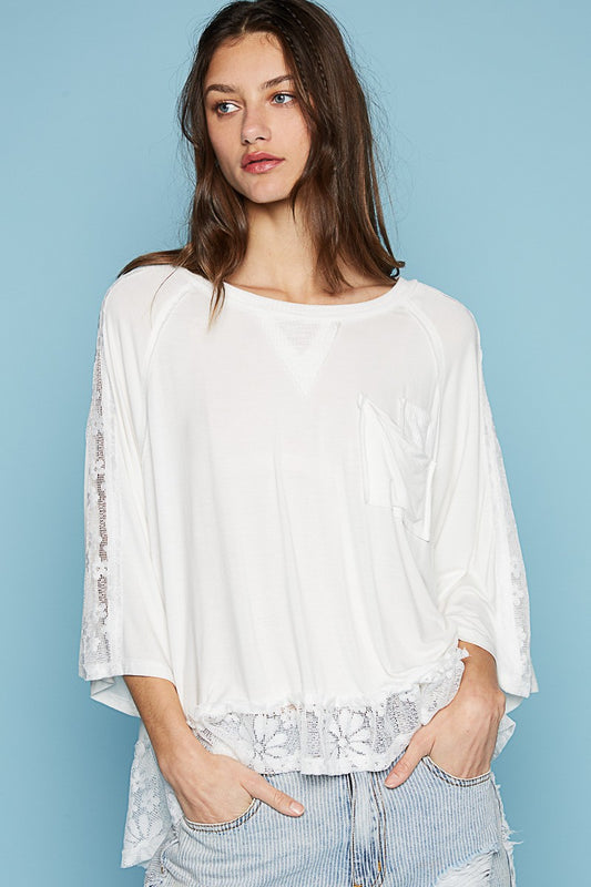 POL Oversize Round Neck Ruffle Hem Lace Knit Top