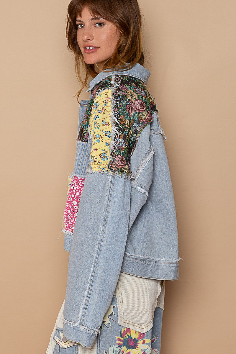 POL Long Sleeve Floral Patchwork Relaxed Fit Denim Jacket - Roulhac Fashion Boutique