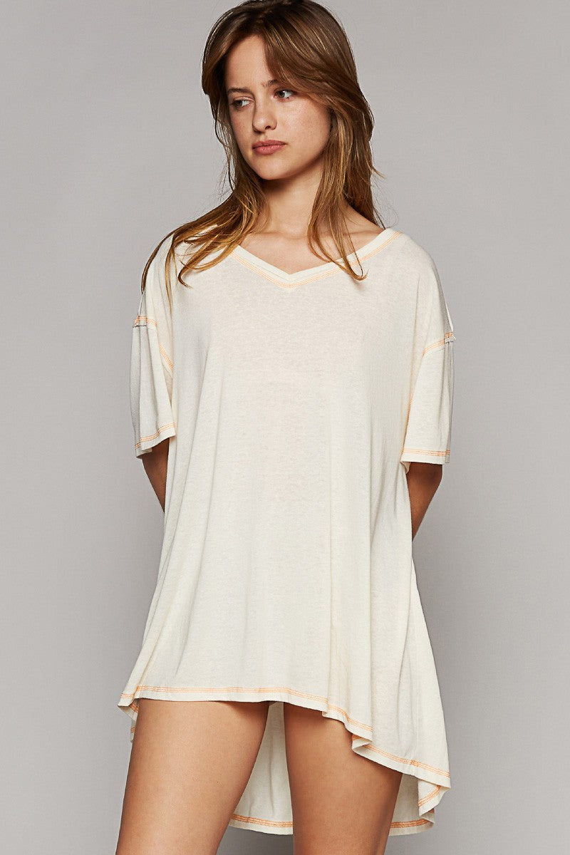 POL Vintage Washing Oversize V-Neck Solid Hi-Low Basic Top