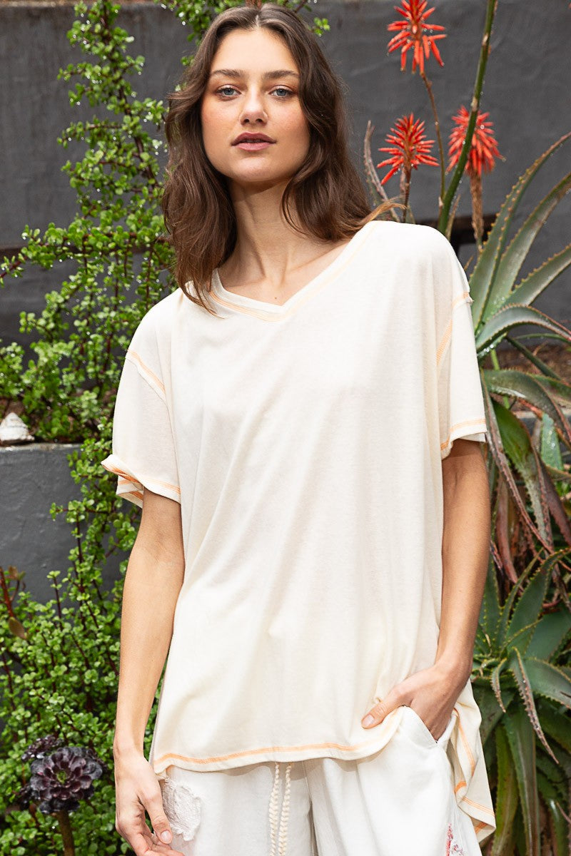 POL Vintage Washing Oversize V-Neck Solid Hi-Low Basic Top