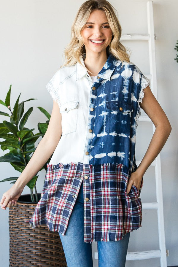 Oli & Hali Washed Denim Mix Plaid Sleeves Shirts Top