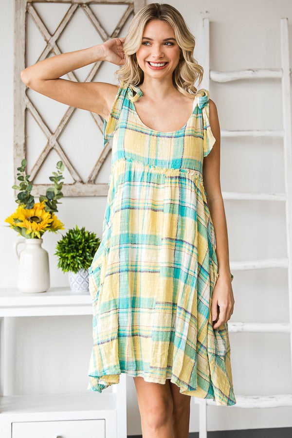 Oli & Hali Mineral Washed Plaid Baby Doll Dress