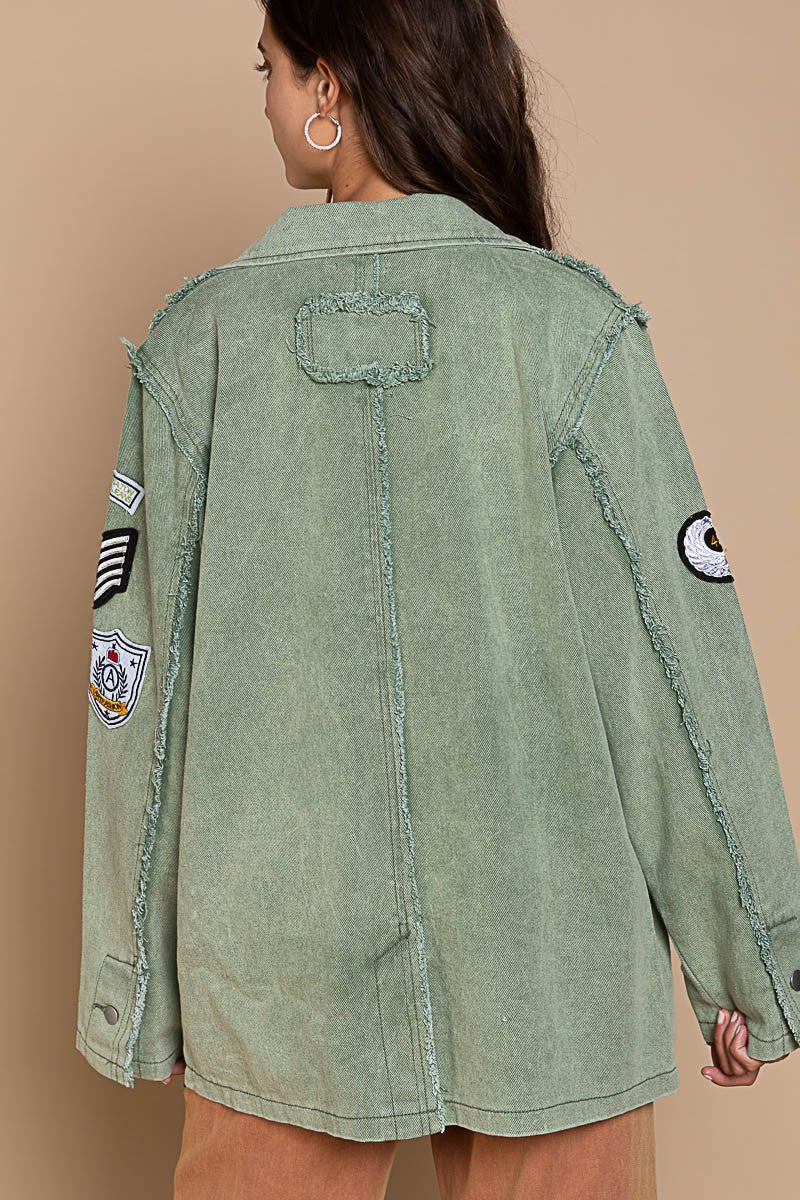 POL Vintage Patch Detail Military Raw Edge Seam Blazer Jacket