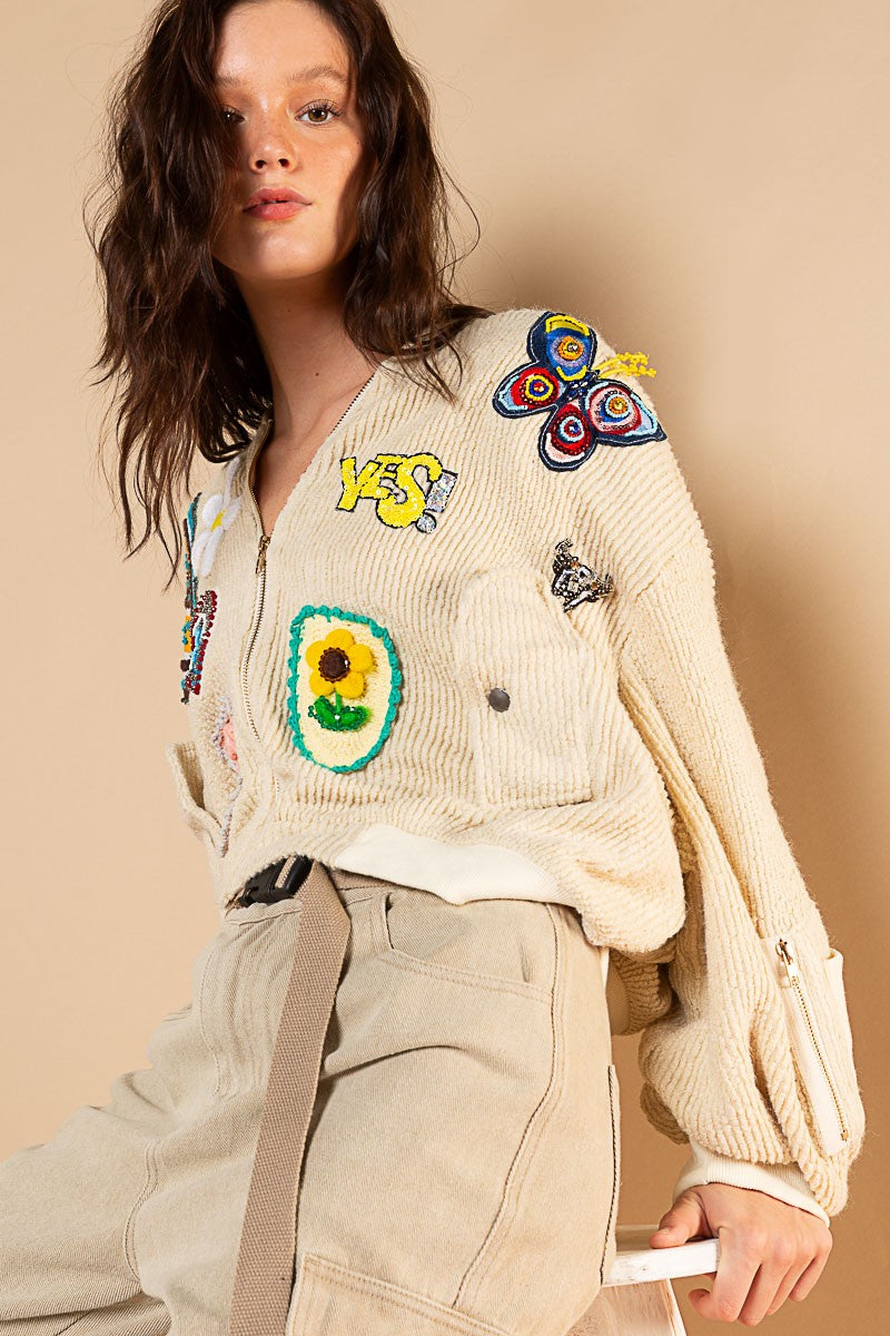 POL Patch Embellishment Ruched Sleeve Sweater Cropped Fit Jacket - Roulhac Fashion Boutique