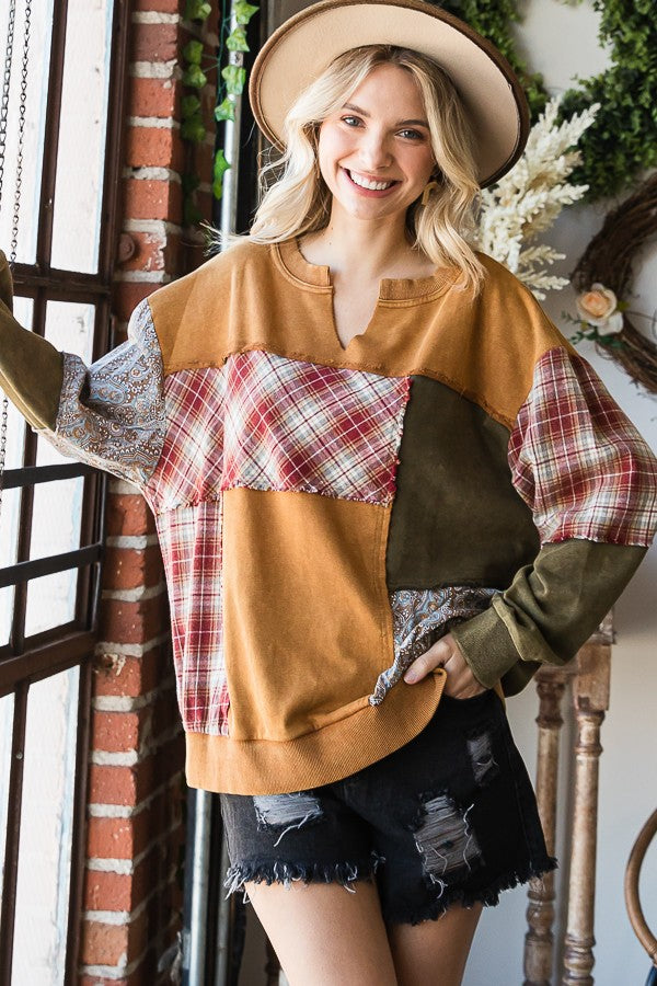 Oli & Hali Mineral Washed Fabric Mixed Pullover Top