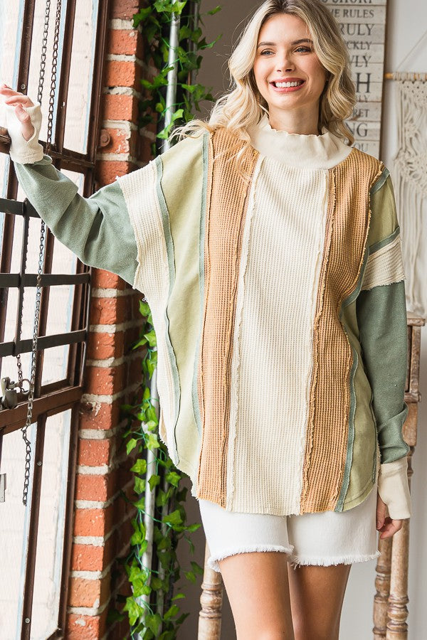 Oli & Hali Washed Fabric Mixed Long Sleeve Pullover Top