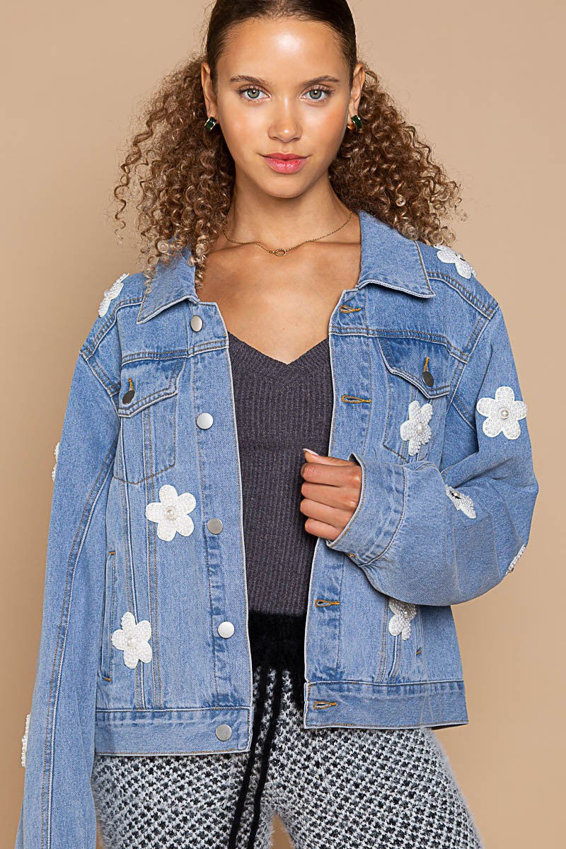 POL Pearl Flower Patch Denim oversized fit long sleeve Jacket