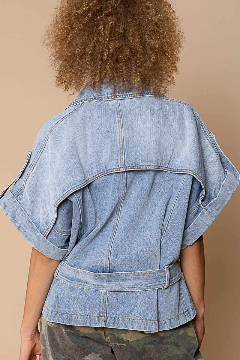 POL Asymmetrical Zipper Dropped Shoulders Waist Belt Denim Jacket