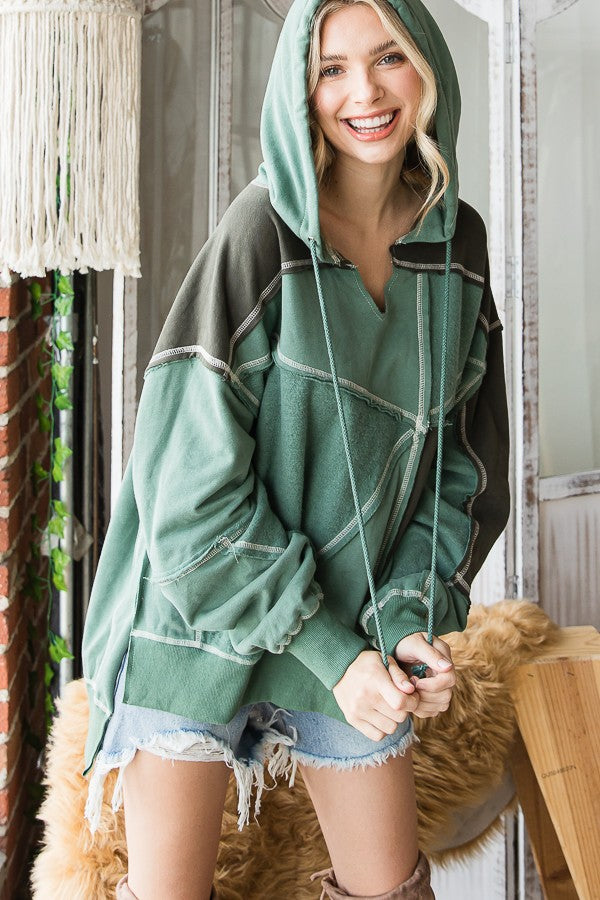 Oli & Hali Patchwork Soft Knit Contrast Hoodie Top