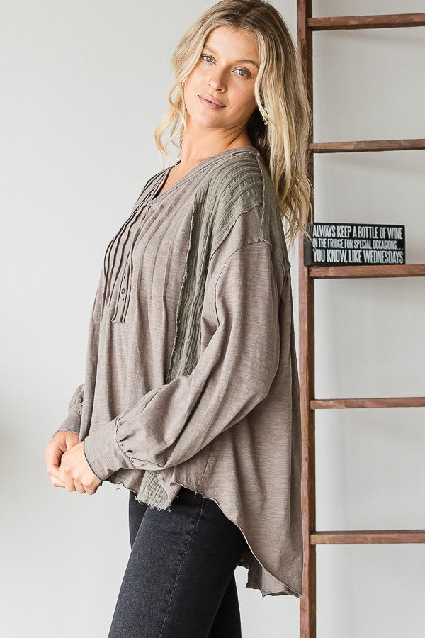 Oli & Hali Mineral Washed Pintuck Pleats Half Button Top