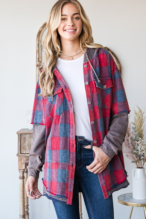 Oli & Hali Mineral Washed Plaid Hoodie Jacket Top