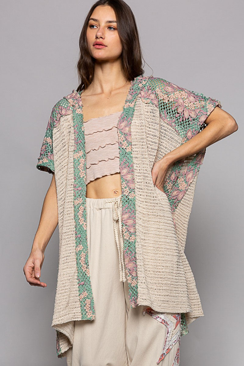 POL Sleeveless Crochet Floral Pattern Hoodie Open Kimono Top