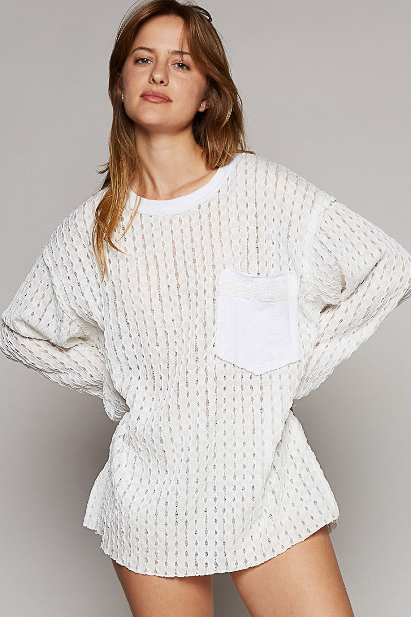 POL Round Neck Long Sleeve Cut Sew Soild Knit Top