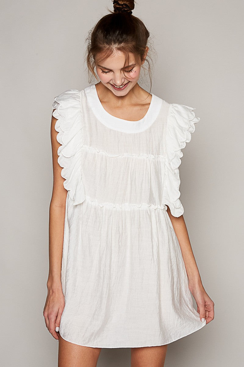 POL Round Neck Sleeveless Ruffle Shirring Woven Top
