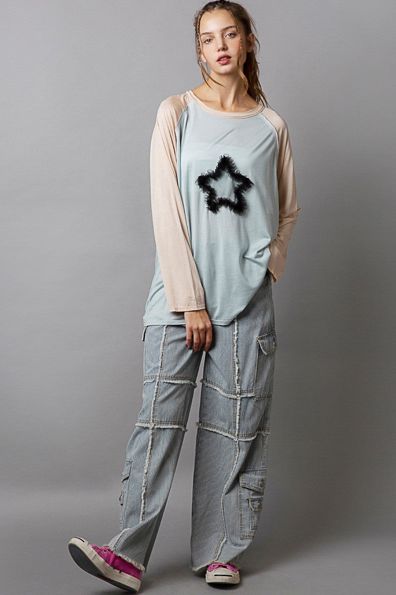 POL Oversize Raglan Long Sleeve Star Patch Front Top
