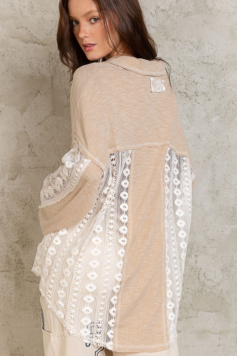 POL Collared Contrast Ribbed Panel Lace Crochet Top