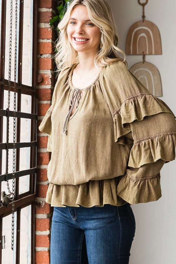 Oli & Hali Washed Ruffle Sleeve Peplum Top