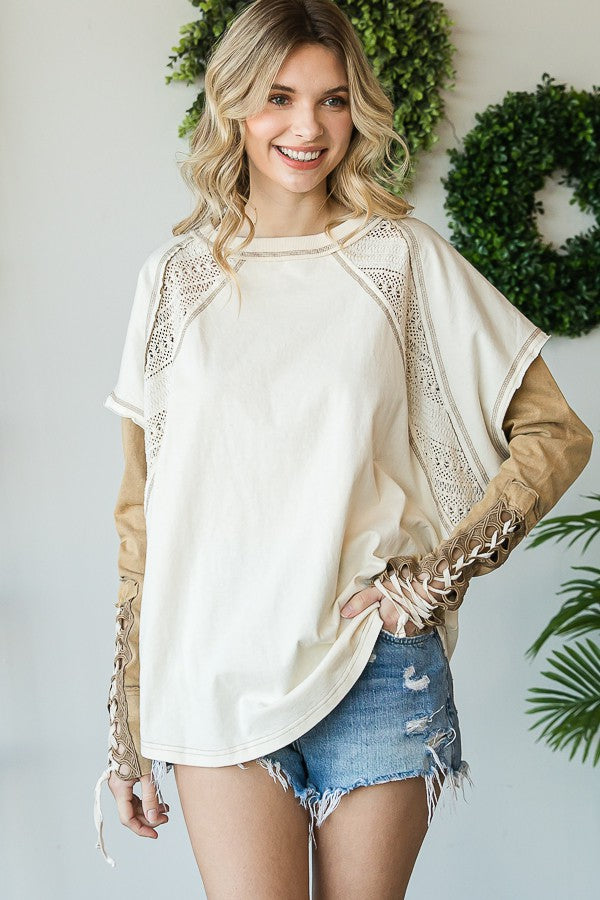 Oli & Hali Mineral Washed Lace Up Cuffs Top