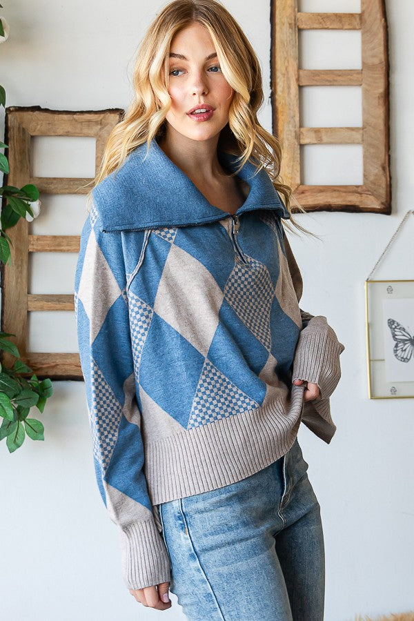 Oli & Hali Argyle Half Zip Up Pullover Sweater Top