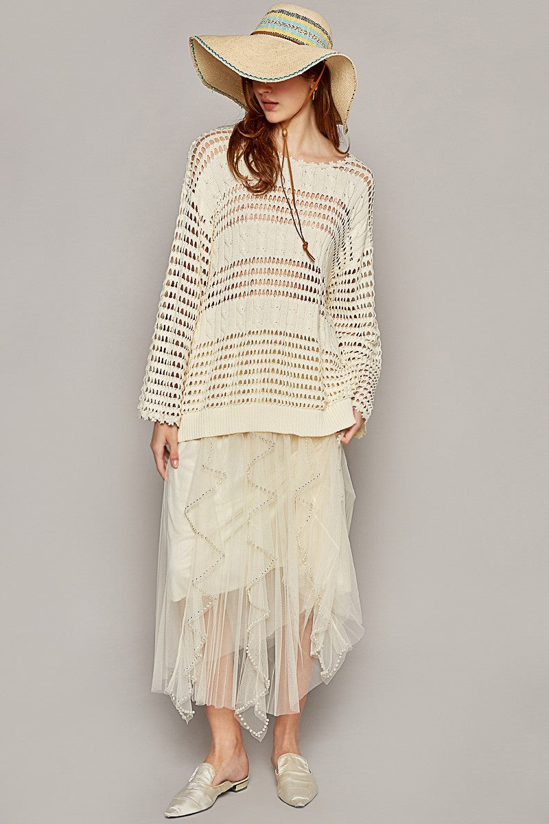 POL Round Neck Long Sleeve Rib Weave Solid Sweater Top