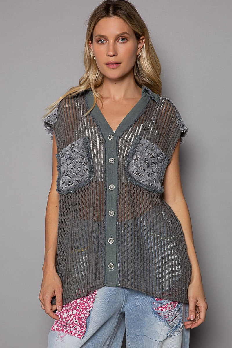 POL Vintage Wash V Neck Cut Sew Crochet Patches Vest Top