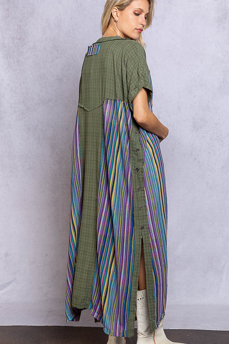 POL Multi Color Open Front Button Slit Panel Tunic Top