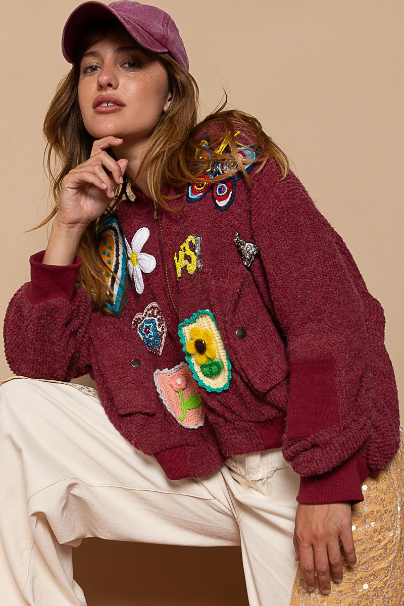 POL Patch Embellishment Ruched Sleeve Sweater Cropped Fit Jacket