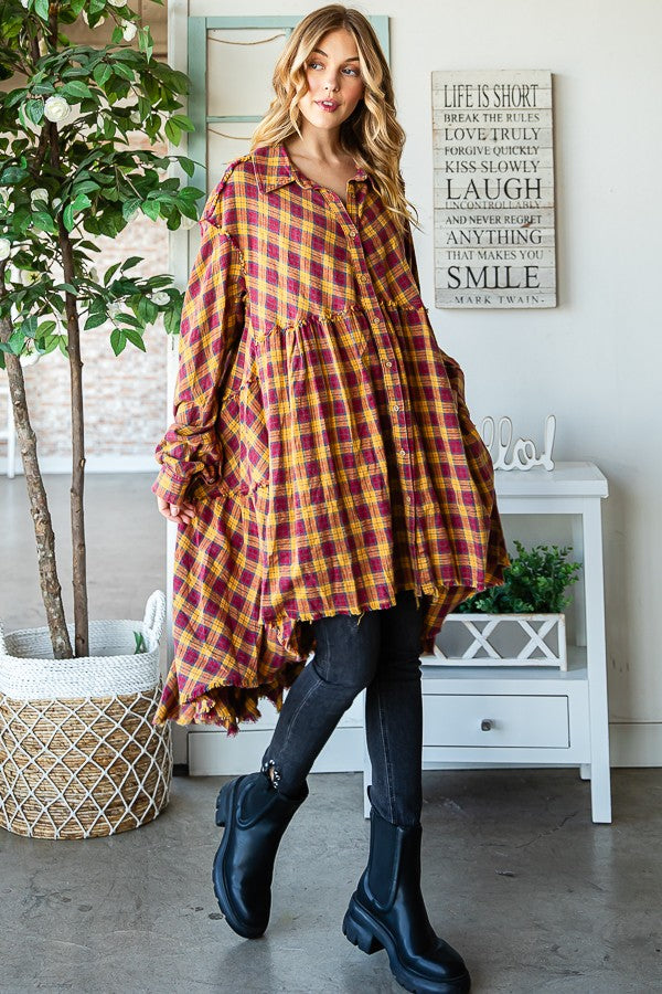 Oli & Hali Mineral Washed Back Tiered Check Plaid Tunic Top