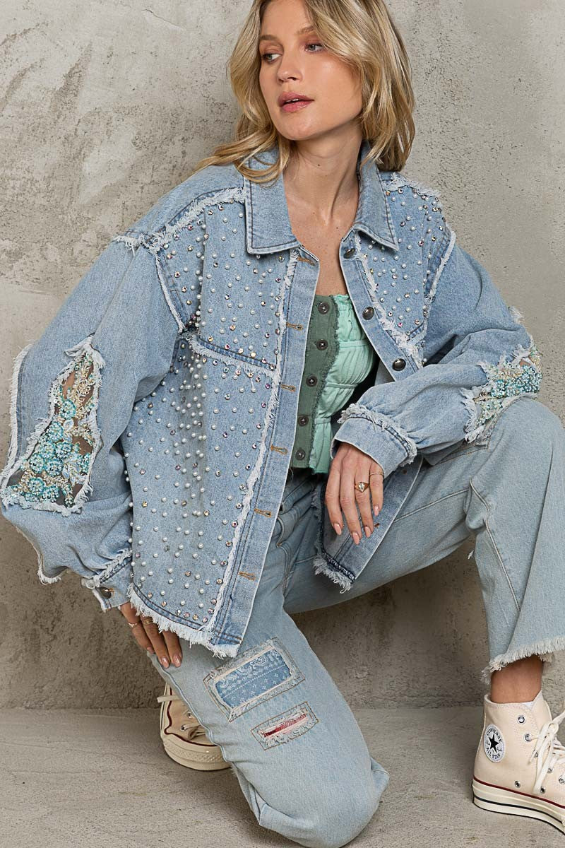 POL Oversize Embellished Pearl Stone Beaded Relaxed Fit Shacket - Roulhac Fashion Boutique
