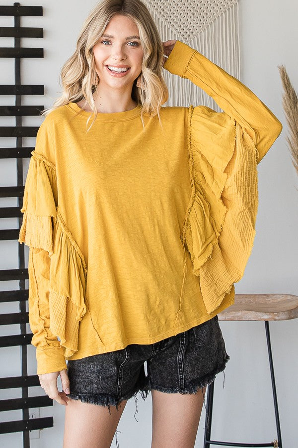 Oli & Hali Mineral Washed Ruffle Detail Sleeves Solid Top
