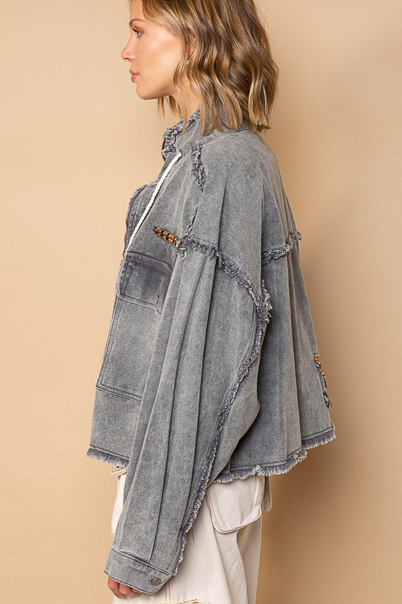 POL High Neck Zippered Snap Button Pockets Long Sleeves Jacket