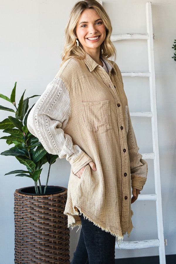 Oli & Hali Mineral Washed Mixed Lace Shirts Jacket