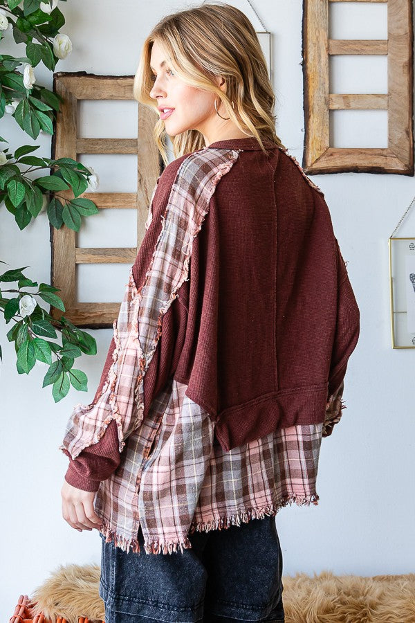 Oli & Hali Washed Long Sleeve Plaid Detail Top
