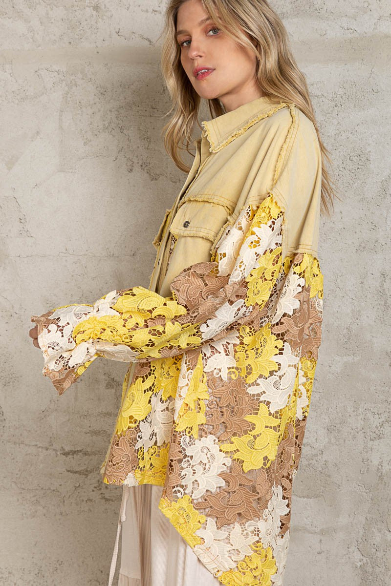 POL  Lace Crochet Pattern Button Down Contrast Shacket Top