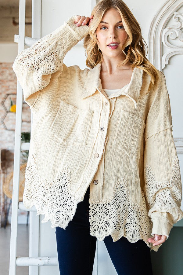 Oli & Hali Washed Lace Mixed Buttondown Shirt Top