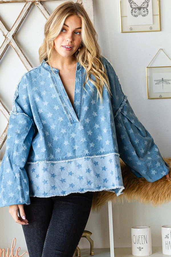 Oli & Hali Ballon Sleeve Denim Top