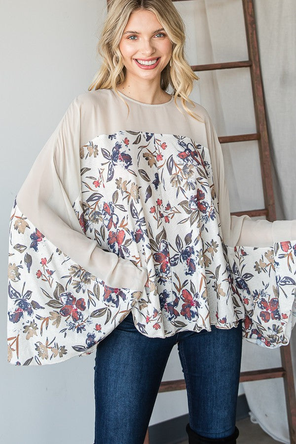 Oli & Hali Floral Print Solid Contrast Bell Sleeves Detail Fl Top